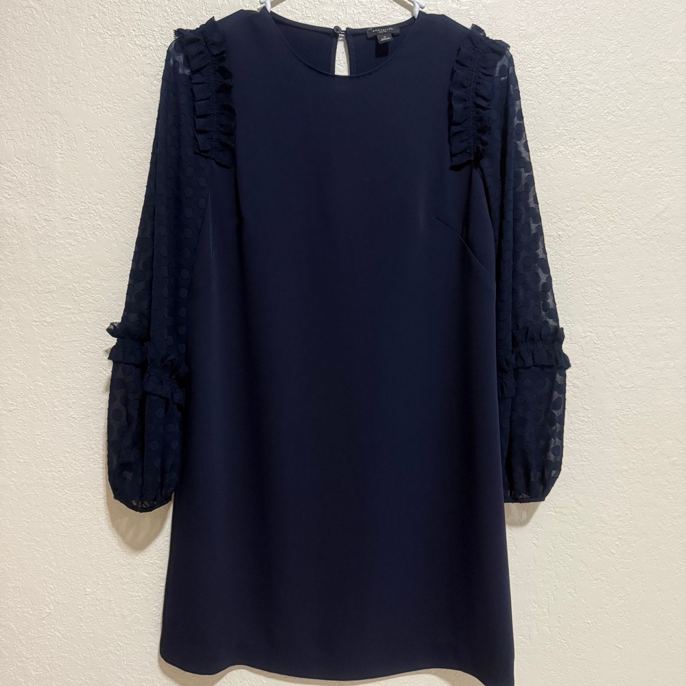 Ann Taylor Petite Navy Blue Ruffle Sheer Polka Dot Sleeve Shift Dress 0P 459852